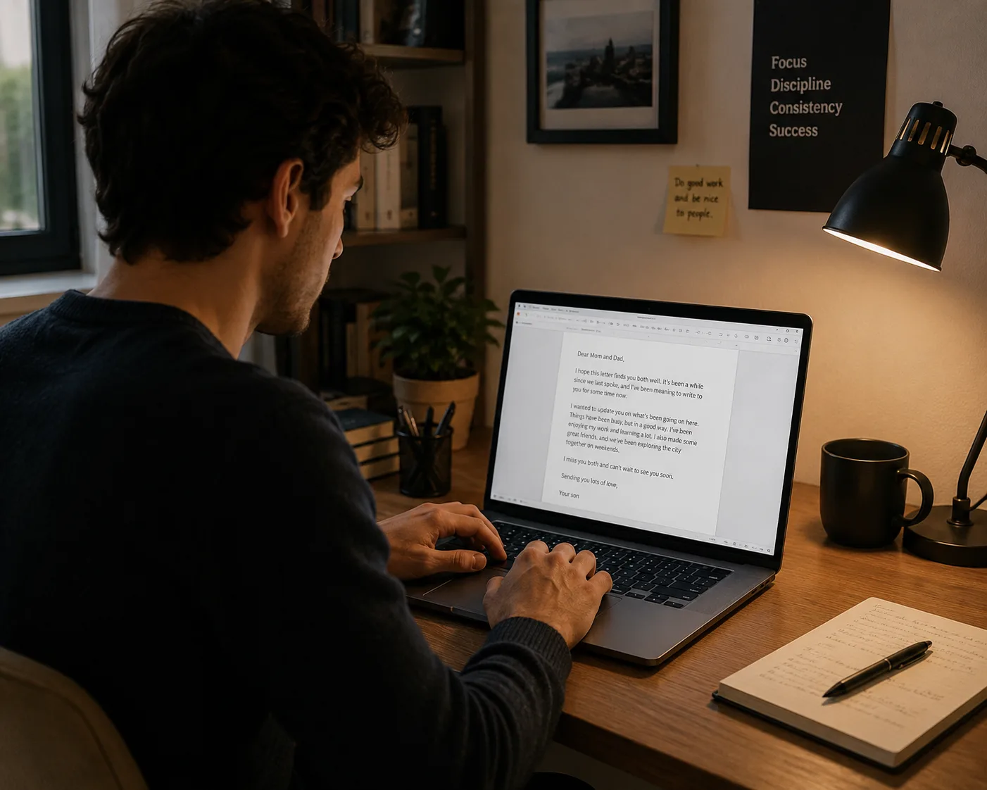 Man on desk with a laptop drafting a letter